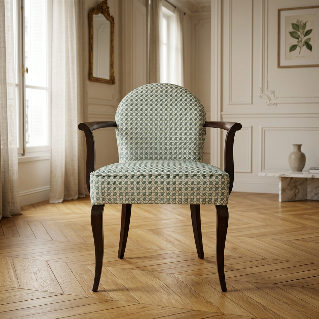 Fauteuil ancien restauré par Maison Esclavissat — tapisserie sur mesure en tissu Manuel Canovas vert sauge, atelier de tapissier à Mâcon