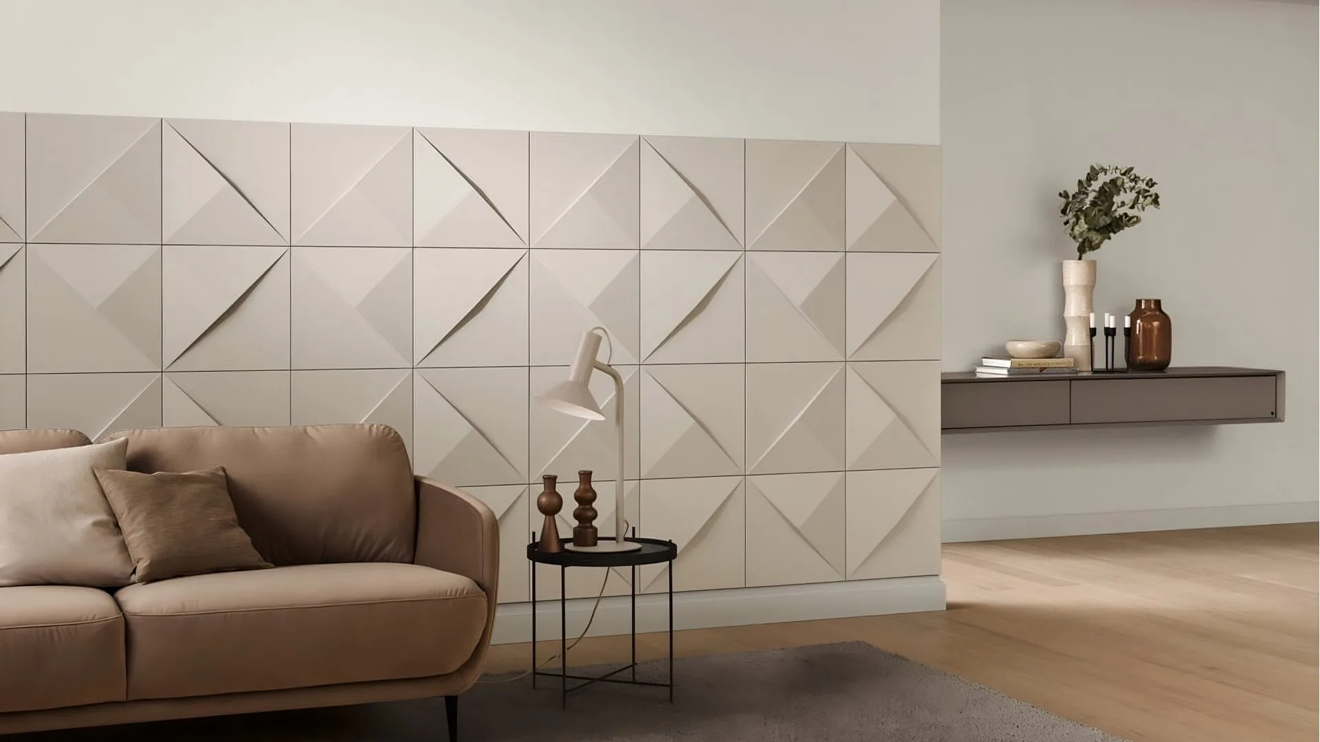 Panneaux muraux 3D Noël & Marquet dans un salon beige — Maison Esclavissat Mâcon