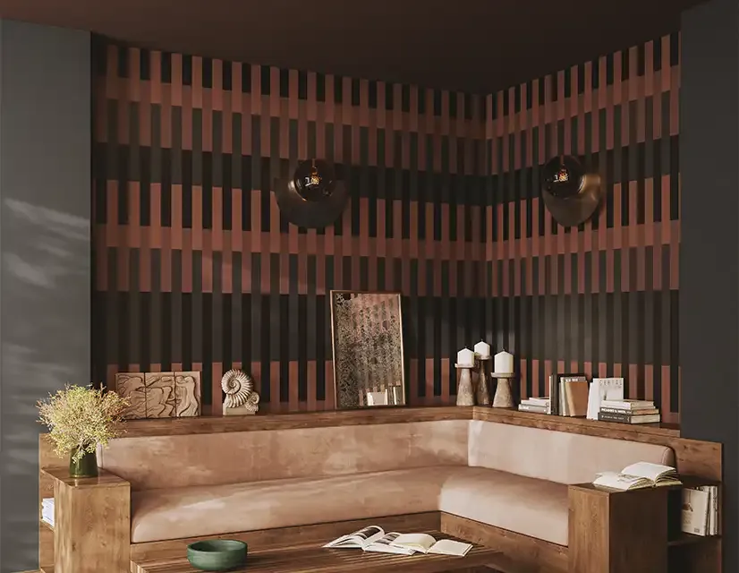 Papier peint rayé Ressource collection La Rayure, salon terracotta — Maison Esclavissat Mâcon