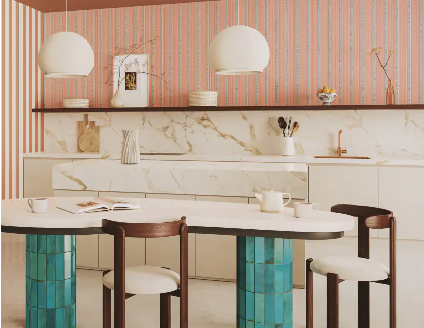 Peinture Ressource pour cuisine, rayures roses et marbre — Maison Esclavissat Mâcon